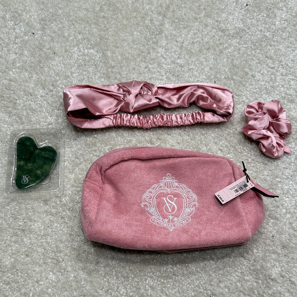 Pink Cosmetic Bag Set with Headband, Jade Facial Stone, and Scrunchie